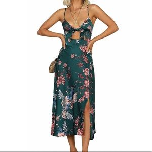 Fashionme Women Spaghetti Strap Midi Satin Dresses Tie Front Split Dress